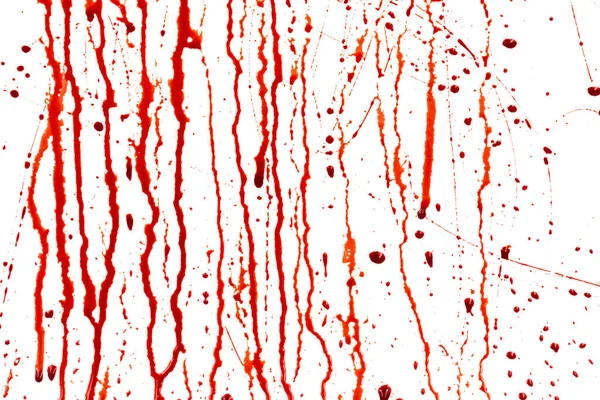 Druipend Bloed Geïsoleerd Witte Achtergrond Stromende Rode Bloedspatten Druppels Sporen — Stockfoto