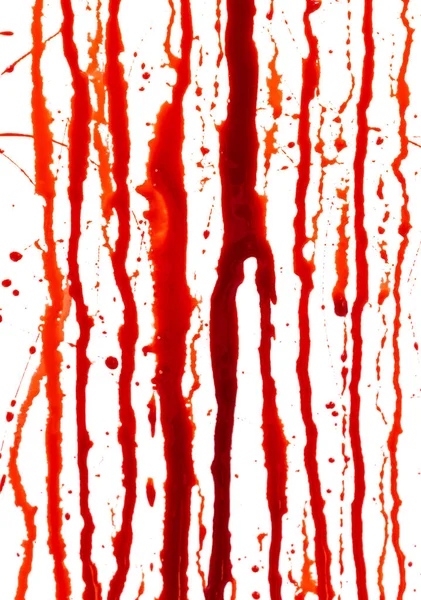 Derramar Sangue Isolado Fundo Branco Fluindo Respingos Sangue Vermelho Gotas — Fotografia de Stock