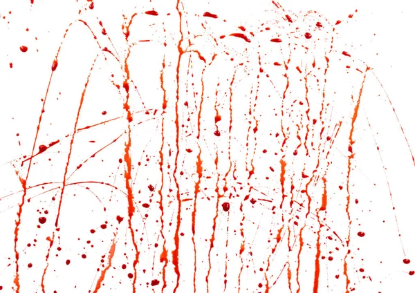 Derramar Sangue Isolado Fundo Branco Fluindo Respingos Sangue Vermelho Gotas — Fotografia de Stock