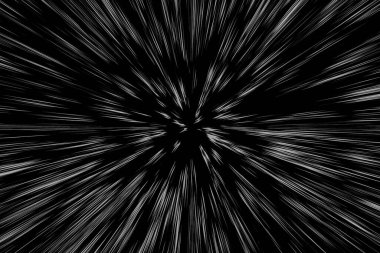 Siyah arkaplan üzerindeki Bokeh beyaz çizgileri, soyut hız ışık hareketi bulanık dokusu, yıldız parçacığı veya uzay yolculuğu, siyah ve beyaz ekstrüzyon etkisi