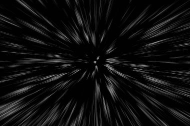 Siyah arkaplan üzerindeki Bokeh beyaz çizgileri, soyut hız ışık hareketi bulanık dokusu, yıldız parçacığı veya uzay yolculuğu, siyah ve beyaz ekstrüzyon etkisi