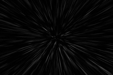 Siyah arkaplan üzerindeki Bokeh beyaz çizgileri, soyut hız ışık hareketi bulanık dokusu, yıldız parçacığı veya uzay yolculuğu, siyah ve beyaz ekstrüzyon etkisi