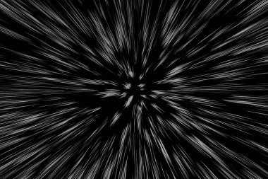 Siyah arkaplan üzerindeki Bokeh beyaz çizgileri, soyut hız ışık hareketi bulanık dokusu, yıldız parçacığı veya uzay yolculuğu, siyah ve beyaz ekstrüzyon etkisi