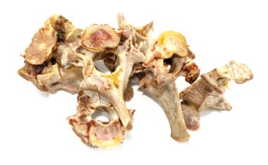 Beyaz arka planda izole edilmiş hayvan omurları. Arta kalan yemekleri yakın plan yapın.