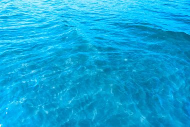 Sahilin arka planında mavi şeffaf deniz suyu. Güneşli bir günde hafif dalgalar ve parıltılarla berrak su yüzeyi