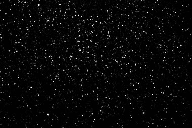 İzole edilmiş siyah arka planda kaotik beyaz yıldız bokeh. Düşen bulanık kar örtüsü, yıldızlı gökyüzü. Siyah arka planda beyaz lekeler, beyaz damlalar ve lekeler. soyutlama.