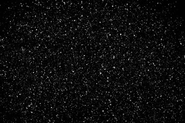İzole edilmiş siyah arka planda kaotik beyaz yıldız bokeh. Düşen bulanık kar örtüsü, yıldızlı gökyüzü. Siyah arka planda beyaz lekeler, beyaz damlalar ve lekeler. soyutlama.