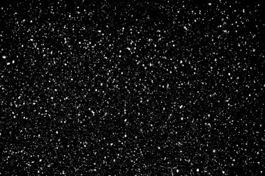 İzole edilmiş siyah arka planda kaotik beyaz yıldız bokeh. Düşen bulanık kar örtüsü, yıldızlı gökyüzü. Siyah arka planda beyaz lekeler, beyaz damlalar ve lekeler. soyutlama.