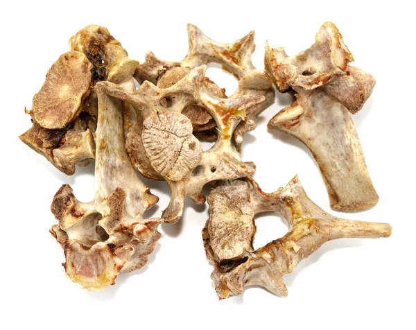 Beyaz arka planda izole edilmiş hayvan omurları. Arta kalan yemekleri yakın plan yapın.