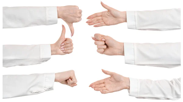 Várias Imagens Definem Mãos Femininas Caucasianas Uma Blusa Branca Escritório — Fotografia de Stock