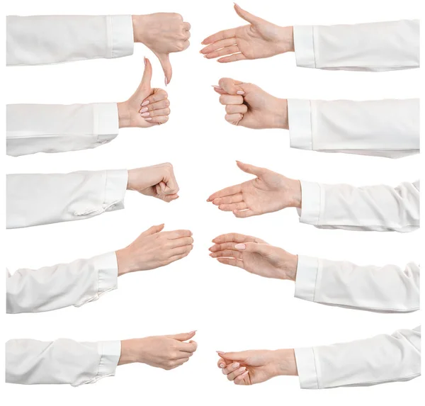 Múltiples Imágenes Establecen Manos Caucásicas Femeninas Una Blusa Blanca Oficina — Foto de Stock