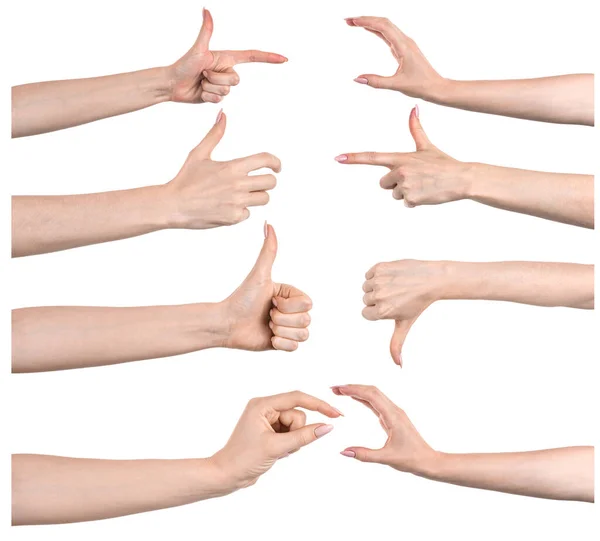 Meerdere Beelden Stellen Vrouwelijke Blanke Handen Geïsoleerde Witte Achtergrond Tonen — Stockfoto