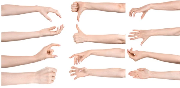 Нескольких Изображениях Изображены Руки Белой Женщины Выделенные Белым Фоном Показывающим — стоковое фото