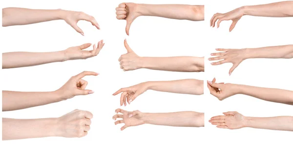 Multiple Images Set Female Caucasian Hands Isolated White Background Showing — Stock Photo, Image