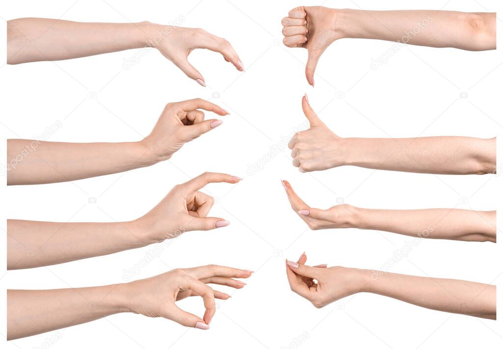 Multiple images set female caucasian hands isolated white background showing different gestures. Collage of hands of a girl with manicure
