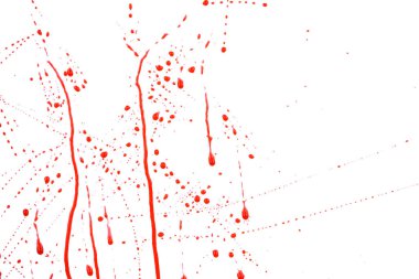 Beyaz arka planda kanlı sıçramalar ve damlalar. Damlayan ve takip eden kırmızı kan