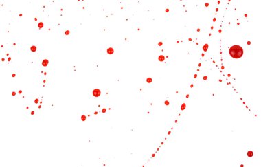 Beyaz arka planda kanlı sıçramalar ve damlalar. Damlayan ve takip eden kırmızı kan