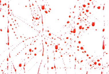 Beyaz arka planda kanlı sıçramalar ve damlalar. Damlayan ve takip eden kırmızı kan