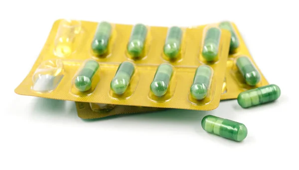 Piller Förpackningen Isolerad Vit Bakgrund Närbild — Stockfoto