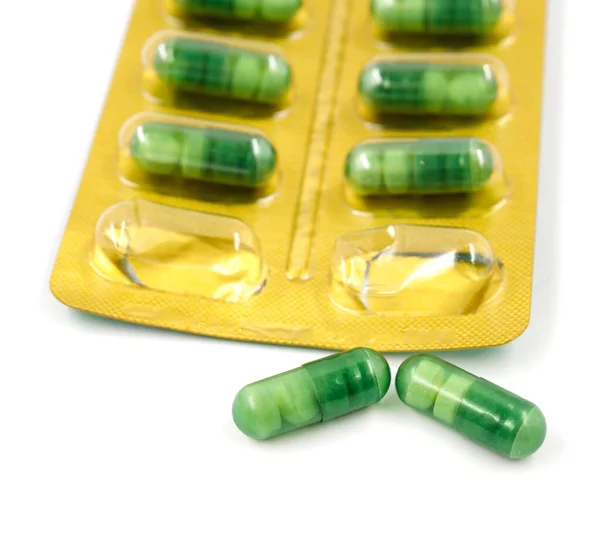 Piller Förpackningen Isolerad Vit Bakgrund Närbild — Stockfoto
