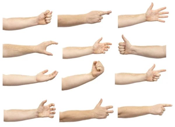 雌雄同体的雄手在白色背景下表现出各种孤立的姿势 一组不同的手势 — 图库照片