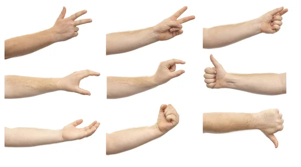 Collage Van Mannelijke Handen Tonen Verschillende Gebaren Geïsoleerd Witte Achtergrond — Stockfoto
