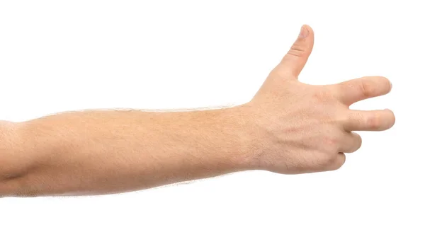 Ανδρικό Χέρι Δείχνει Χειρονομία Κρατώντας Κάτι Κάποιος Απομονώσει Λευκό Φόντο — Φωτογραφία Αρχείου