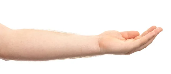 Mão Masculina Mostrando Gesto Segurando Algo Alguém Isolado Fundo Branco — Fotografia de Stock
