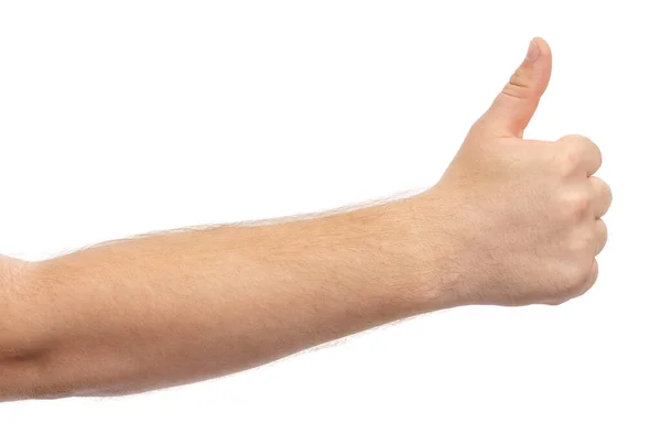 Mão Masculina Mostrando Polegar Acima Gesto Isolado Fundo Branco — Fotografia de Stock