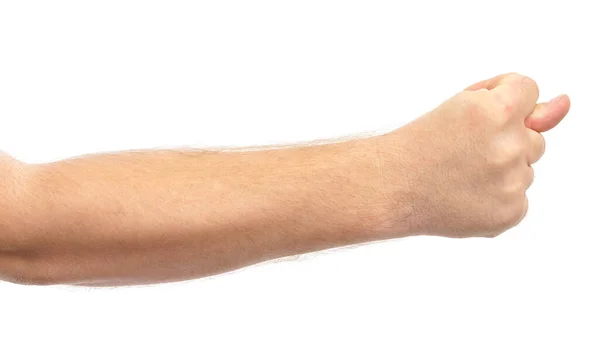 Ανδρικό Χέρι Δείχνει Κίνηση Σύκου Απομονωμένη Λευκό Φόντο — Φωτογραφία Αρχείου