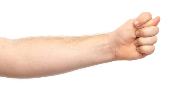 Ανδρικό Χέρι Δείχνει Κίνηση Σύκου Απομονωμένη Λευκό Φόντο — Φωτογραφία Αρχείου
