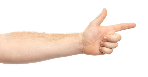 Male hands show gesture isolate on white background.