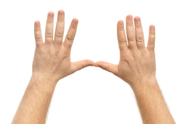 Αρσενικά Χέρια Δείχνουν Χειρονομία Απομόνωση Λευκό Φόντο — Φωτογραφία Αρχείου