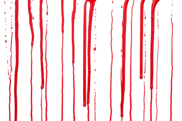 Derramar Sangue Isolado Fundo Branco Fluindo Respingos Sangue Vermelho Gotas — Fotografia de Stock
