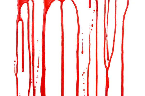 Sangue Gocciolante Isolato Fondo Bianco Sangue Rosso Che Scorre Schizzi — Foto Stock