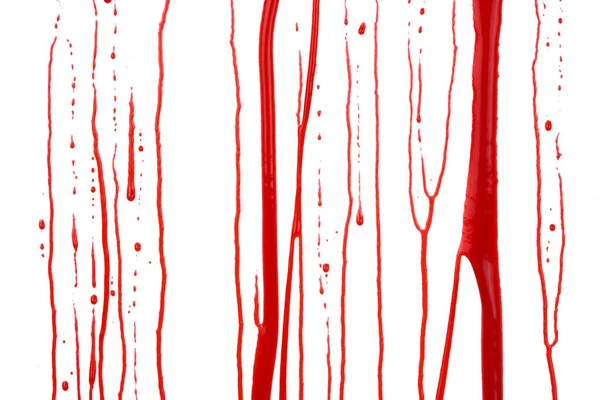 Derramar Sangue Isolado Fundo Branco Fluindo Respingos Sangue Vermelho Gotas — Fotografia de Stock