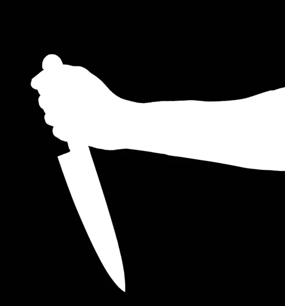 Biała Sylwetka Dłoni Nożem Odizolowanym Czarnym Tle — Zdjęcie stockowe