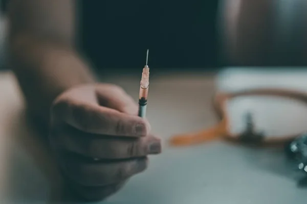 Addict Table Syringe Heroin Methamphetamine Addiction — Stock Photo, Image