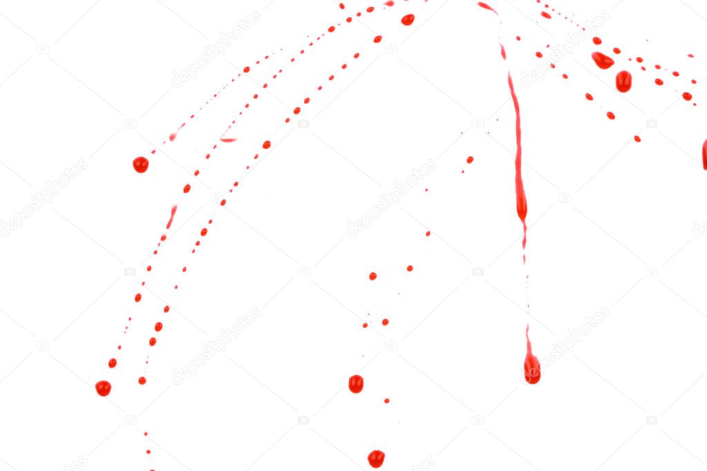 Bloody splashes and drops on a white background. Dripping and following red blood