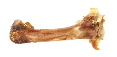 Beyaz arka planda küçük kemikler. Yemek artıkları. tavuk kemikleri