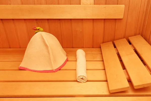 Interior Vazio Madeira Sala Sauna Como Fundo Toalha Chapéu Para — Fotografia de Stock