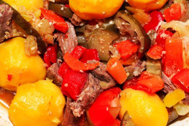 Patatesli sebze güveci. Arka plan dokusunu kapat.