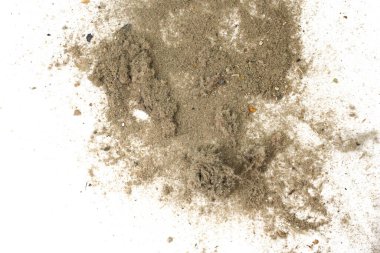Çöp, toz, toprak beyaz bir arkaplanda izole edilmiş. Elektrik süpürgesinden çıkan çöp dokusu