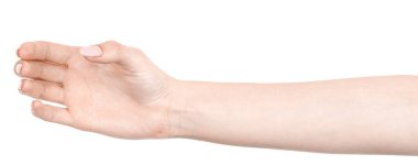 Beyaz arka planda, beyaz tenli bir kadın el hareketi bir şey tutar ya da alır, verir. Kadın elleri farklı jestler gösteriyor.