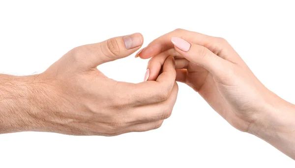 雌性和雄性高加索人的手隔离着白色的背景 用手指 爱情互相伸出手来做手势 男女手表现出不同的关节动作 — 图库照片