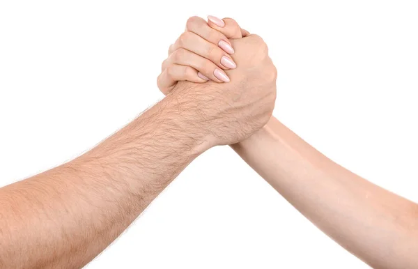 Женские Мужские Белые Руки Белом Фоне Жест Рукопожатия Приветствия Женщина — стоковое фото