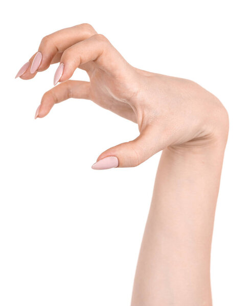 Female caucasian hands  isolated white background showing  gesture shows claws and nails. woman hands showing different gestures