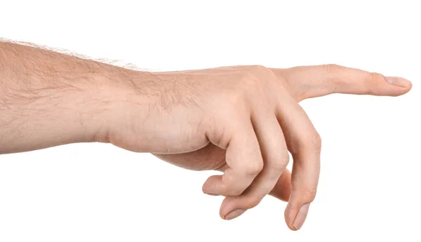 Mãos Caucasianas Masculinas Isolado Fundo Branco Mostrando Gesto Aponta Dedo — Fotografia de Stock