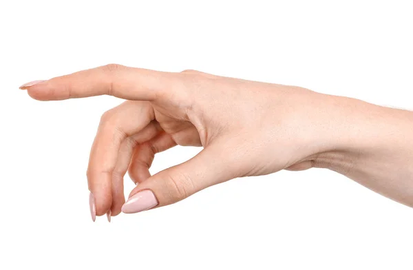 Γυναίκα Καυκάσια Χέρια Απομονώνονται Λευκό Φόντο Δείχνει Χειρονομία Δείχνει Δάχτυλο — Φωτογραφία Αρχείου