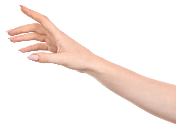 Kobieta Kaukaskie Ręce Odizolowane Białe Tło Pokazujące Gest Wskazuje Palcem — Zdjęcie stockowe